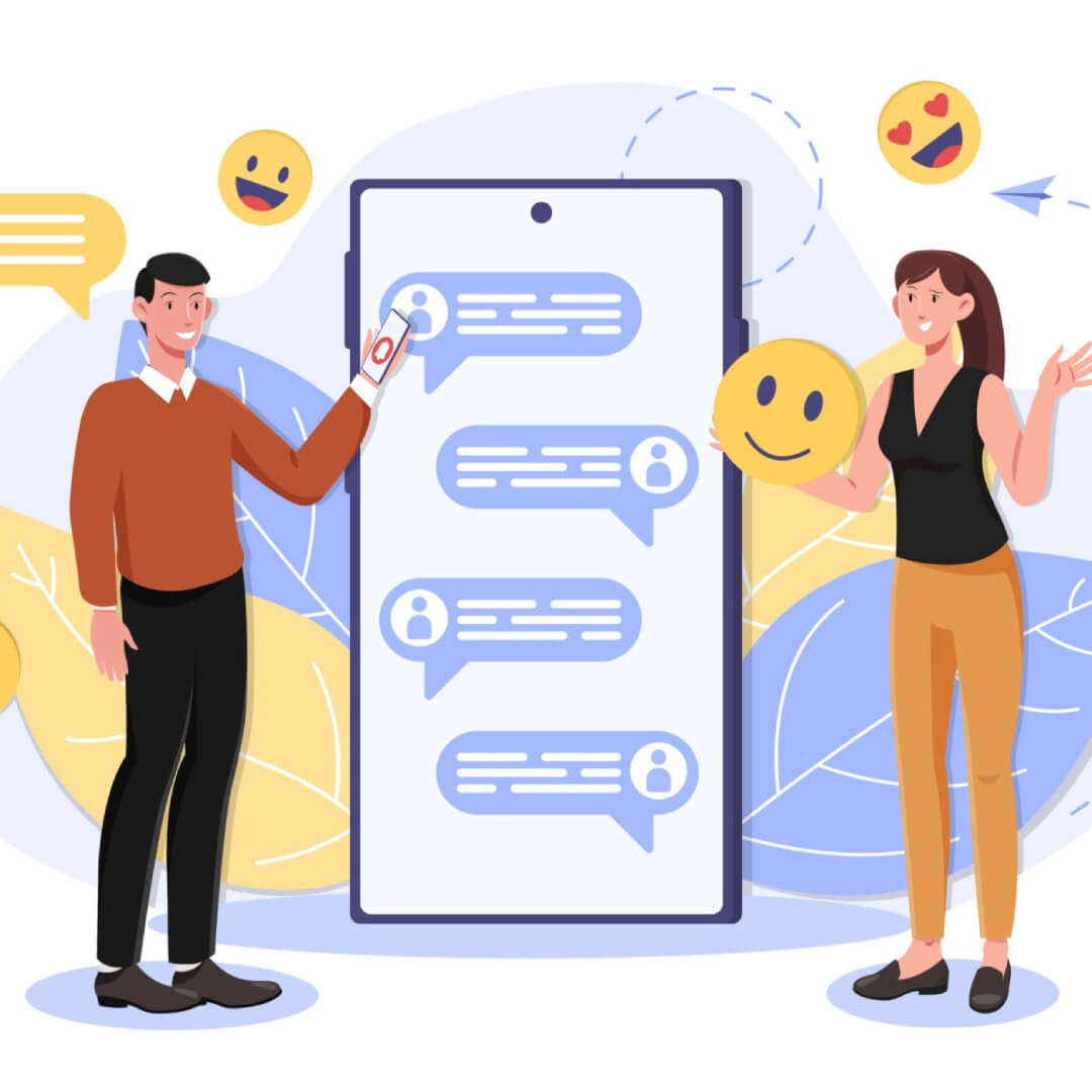 Jong stel in contact via chatroom. Online daten en communicatie met behulp van messenger en social media. Bericht bubbels emoticons en meldingen.